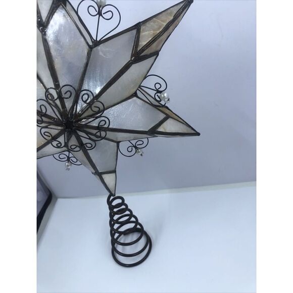 Capiz Shell Star Bronze Metal Filigree Hearts & Pearls Tree Topper 10-1/2" - Picture 13 of 14